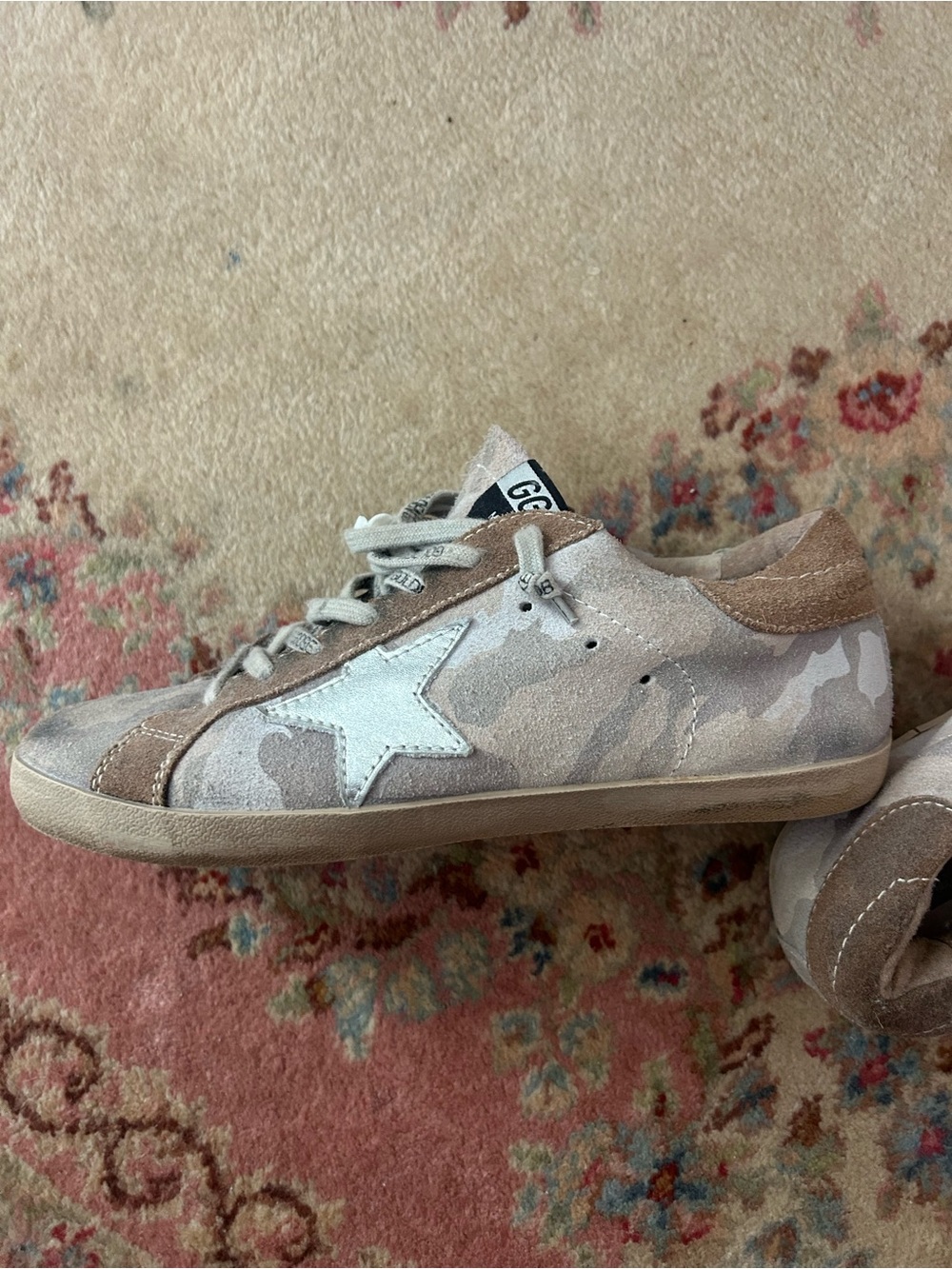 Golden Goose Beige Camo Suede Sneakers with White Star